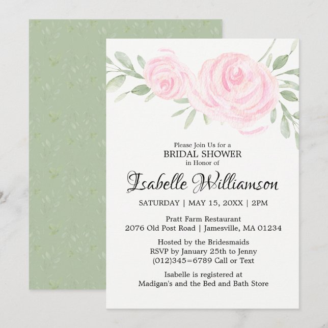 Blush Pink Roses Bridal Shower Invitations (Front/Back)