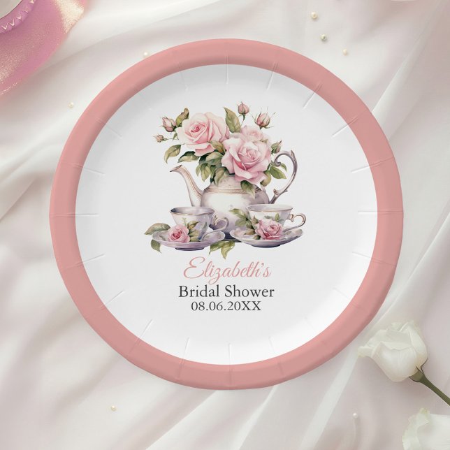 Blush Pink Roses Bridal Shower Tea Brunch Paper Plates (Blush Pink Roses Bridal Shower Tea Brunch Paper Plates on a table with a white rose.)