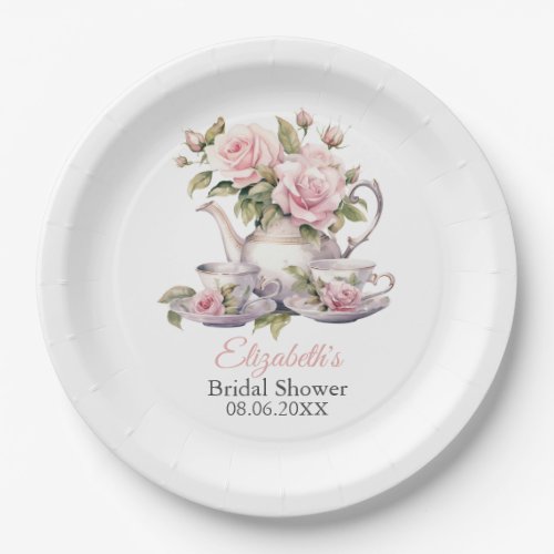 Blush Pink Roses Bridal Shower Tea Brunch Paper Plates