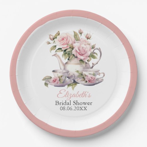 Blush Pink Roses Bridal Shower Tea Brunch Paper Plates