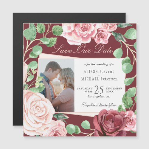 Blush pink roses burgundy wedding photo save date magnetic invitation