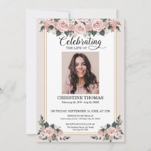 Blush Pink Roses Celebration of Life Photo Invitation
