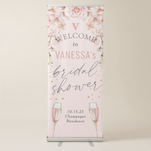 Blush pink roses champagne bridal shower welcome retractable banner