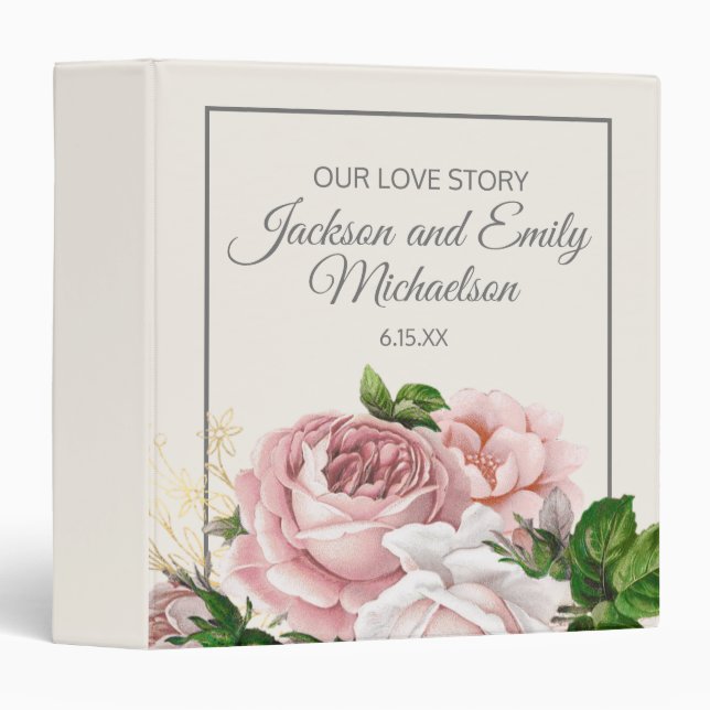 Blush Pink Roses Cream Wedding Scrapbook 3 Ring Binder (Front/Spine)