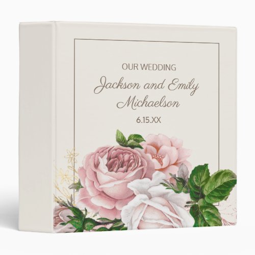 Blush Pink Roses Cream Wedding Scrapbook  3 Ring Binder