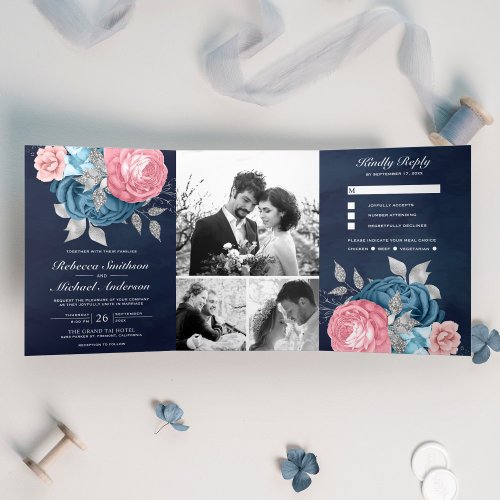 Blush Pink Roses Dusty Blue Floral Navy Wedding Tri_Fold Invitation