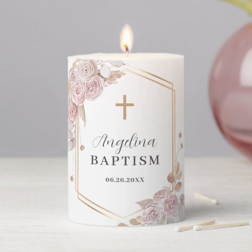 Blush Pink Roses Elegant Baptism Pillar Candle