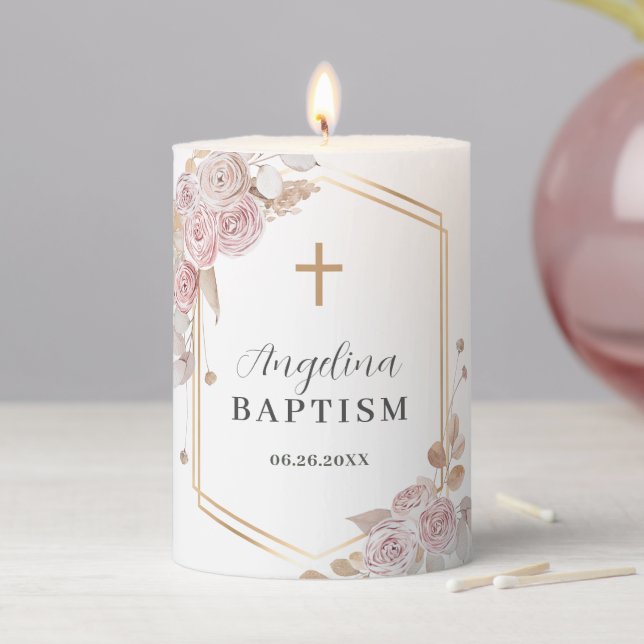 Blush Pink Roses Elegant Baptism Pillar Candle (In Situ)
