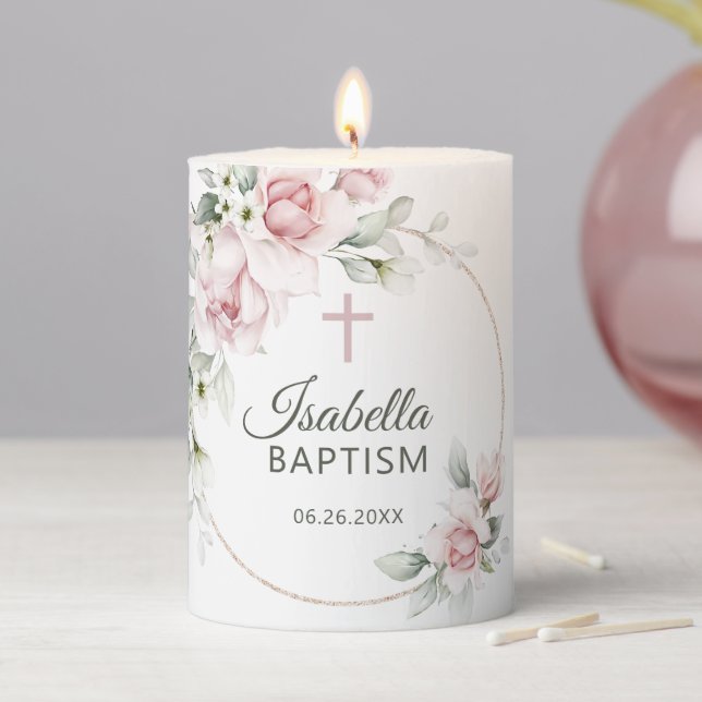 Blush Pink Roses Elegant Baptism Pillar Candle (In Situ)