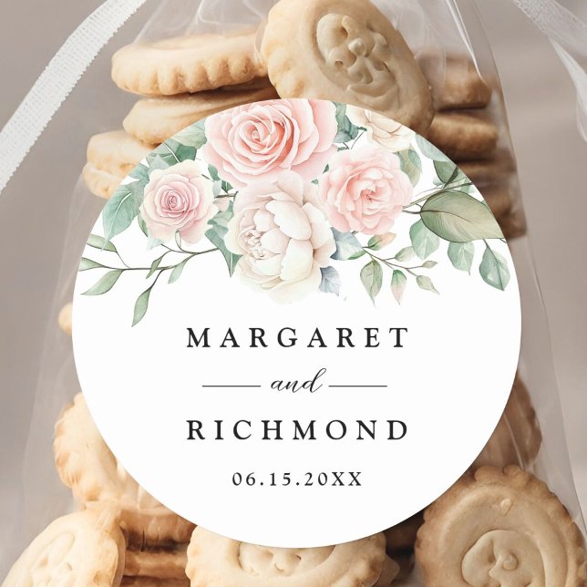 Blush Pink Roses Elegant Wedding Classic Round Sticker (Creator Uploaded)