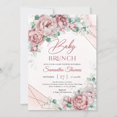 Blush pink roses eucalyptus gold frame baby brunch invitation