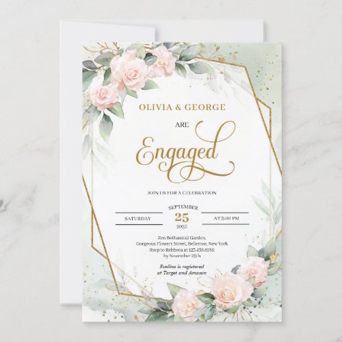 Blush pink roses eucalyptus gold frame engagement invitation