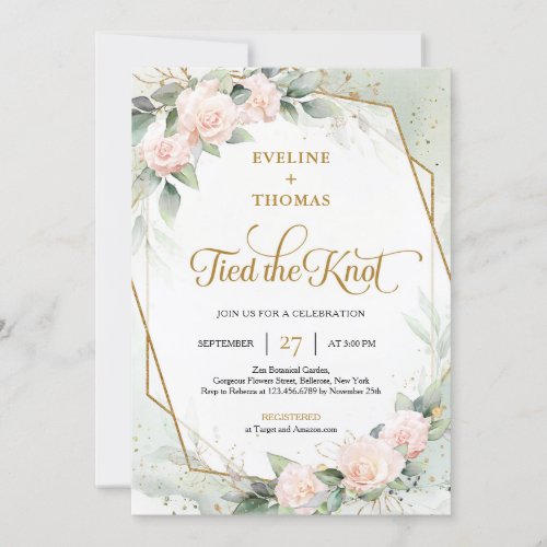 Blush pink roses eucalyptus gold tied the knot invitation