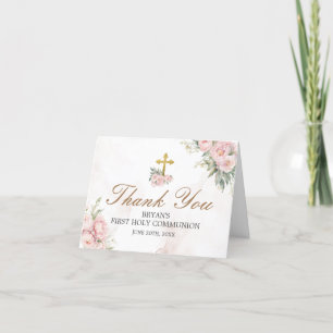 Blush pink Roses First Holy Communion Folded Letterpress Thank You Card