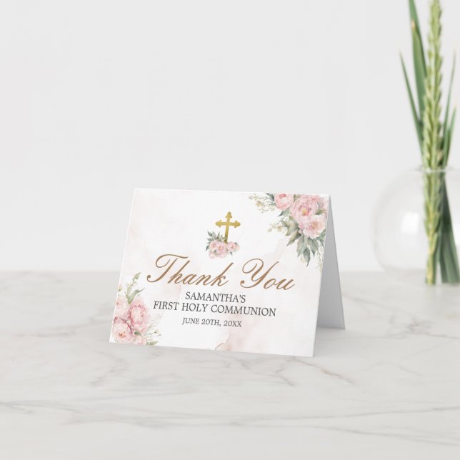 Blush pink Roses First Holy Communion Folded Thank You Card (Front)