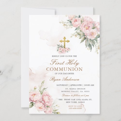  Blush pink Roses First Holy Communion  Invitation