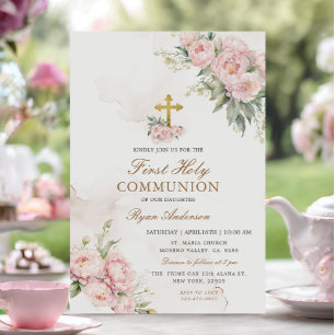 Blush pink Roses First Holy Communion  Invitation