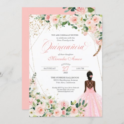 Blush Pink Roses Floral Afrolatina Quinceanera Invitation