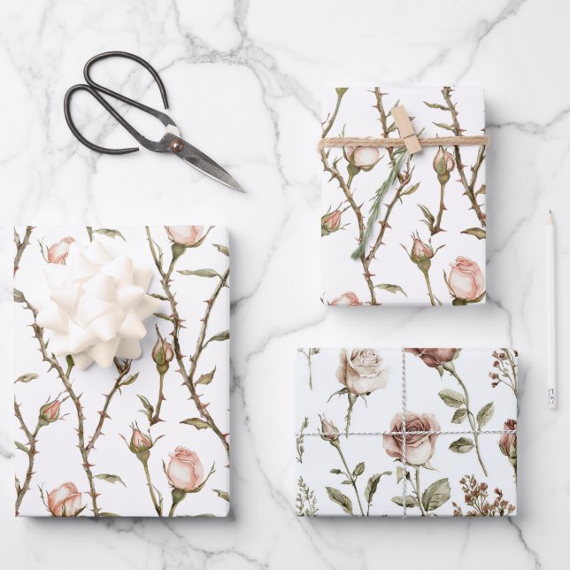 Blush Pink Roses Floral Birthday Wrapping Paper Sheets (Front)
