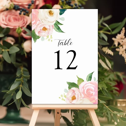 Blush Pink Roses Floral Botanical Watercolor Table Number