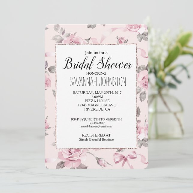 Blush Pink Roses Floral & Bows Bridal Shower Invitation (Standing Front)