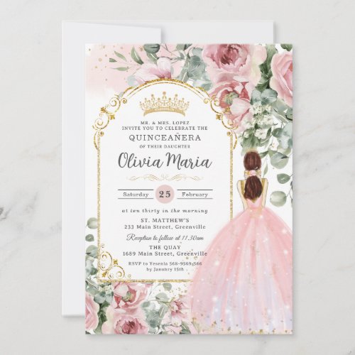 Blush Pink Roses Floral Dress Quinceaera Sweet 16 Invitation