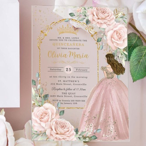 Blush Pink Roses Floral Gold Quinceaera Sweet 16  Acrylic Invitations