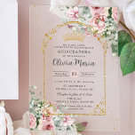 Blush Pink Roses Floral Gold Quinceañera Sweet 16 Acrylic Invitations<br><div class="desc">Personalize this elegant blush pink floral greenery Quinceañera / Sweet 16 birthday acrylic invitation easily and quickly. Simply click the customize it further button to edit the texts, change fonts and fonts colors. Featuring beautiful blush pink roses, a vintage gold frame to put your party details and greenery. Matching items...</div>