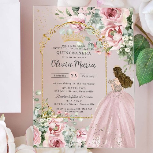 Blush Pink Roses Floral Gold Quinceañera Sweet 16 