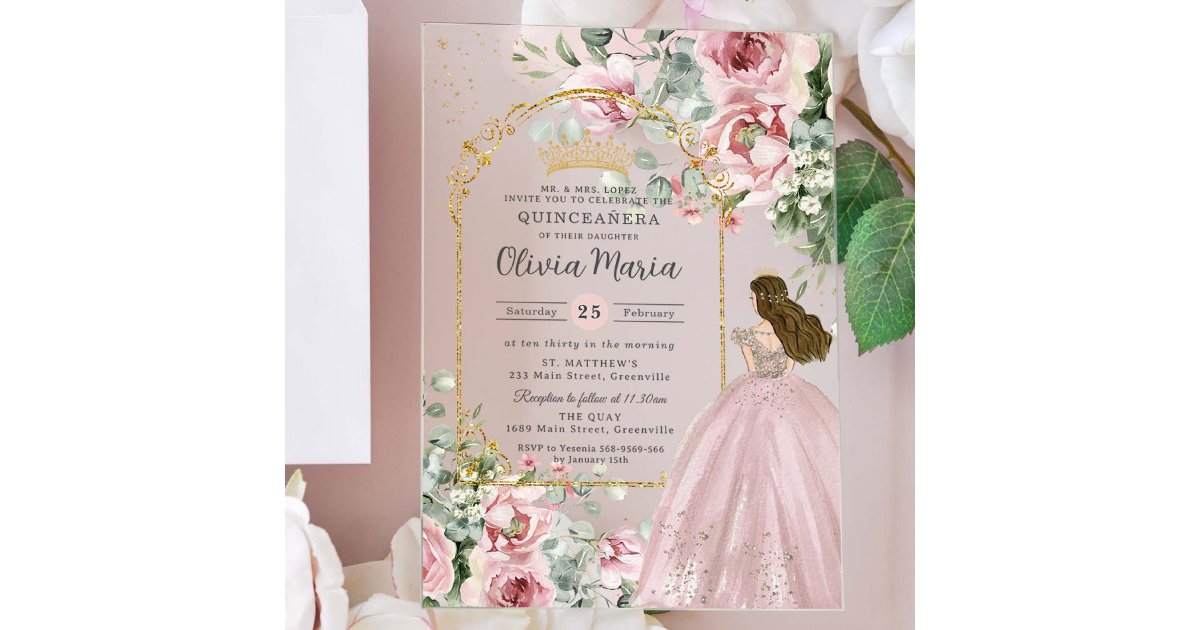 Sweet 16 Pink Roses Blush Pink Roses Floral Gold Quinceañera Sweet 16 Acrylic Invitations ...