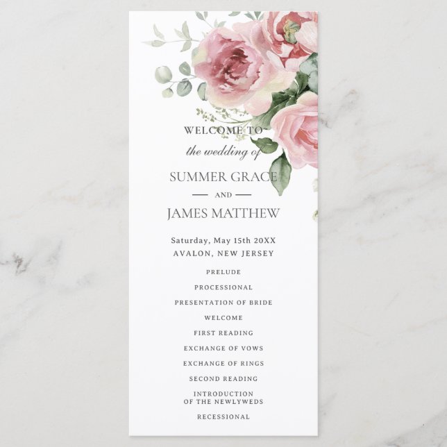 Blush Pink Roses Floral Greenery Wedding Program (Front)