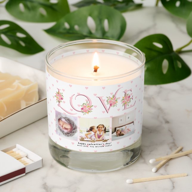 Blush pink roses floral LOVE photo Valentines Day Scented Candle (Lit)