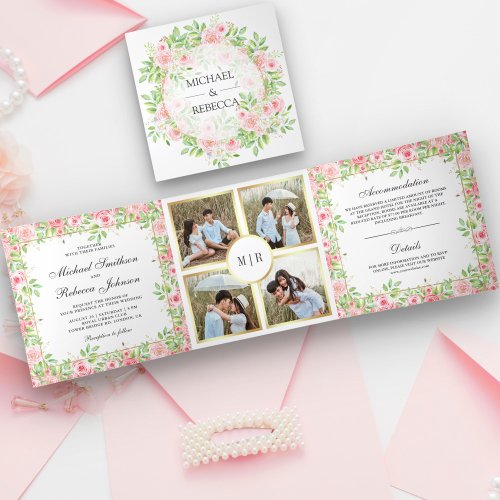 Blush Pink Roses Floral Photo Collage Wedding Tri_Fold Invitation