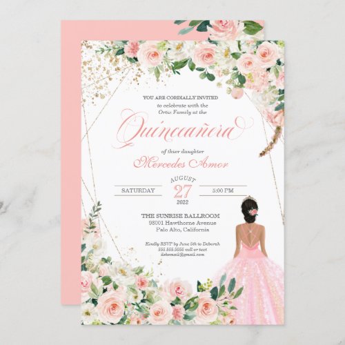 Blush Pink Roses Floral Quinceanera Birthday Invitation