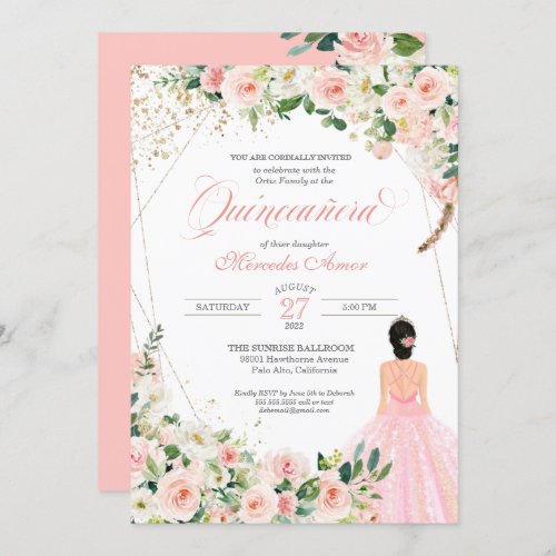 Blush Pink Roses Floral Quinceanera Celebration In Invitation