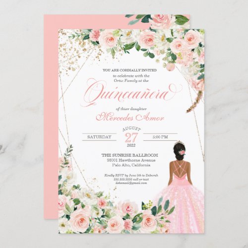 Blush Pink Roses Floral Quinceanera Celebration Invitation