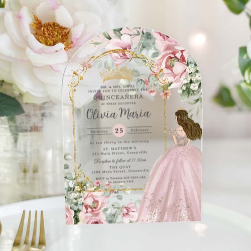 Blush Pink Roses Floral Quincea&#241;era Sweet 16 Arch Acrylic Invitations