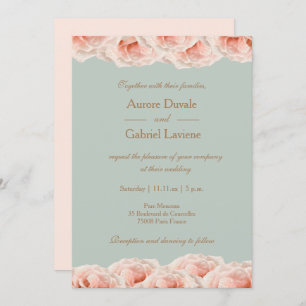 Blush Pink Roses Floral Sage Gold Elegant Wedding Invitation