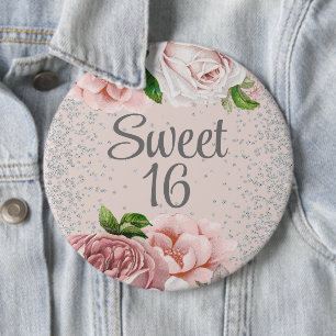 Blush Pink Roses Floral Silver Glitter Sweet 16 Button