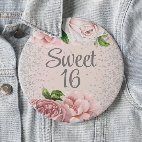 Blush Pink Roses Floral Silver Glitter Sweet 16   Button