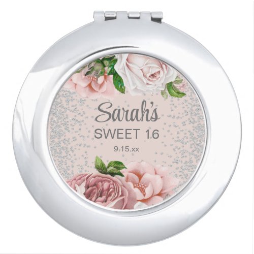 Blush Pink Roses Floral Silver Glitter Sweet 16    Compact Mirror