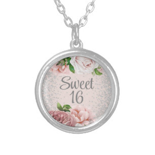 Blush Pink Roses Floral Silver Glitter Sweet 16   Plated Necklace