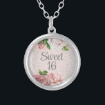 Blush Pink Roses Floral Silver Glitter Sweet 16   Silver Plated Necklace<br><div class="desc">Elegant vintage botanical blush pink watercolor roses and green leaves on pink Sweet 16 silver plated necklace with sparkling silver glitter. Contact me for assistance with your customizations or to request additional matching or coordinating Zazzle products for your party.</div>
