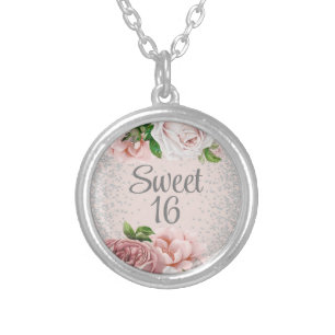 Blush Pink Roses Floral Silver Glitter Sweet 16 Silver Plated Necklace