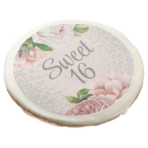 Blush Pink Roses Floral Silver Glitter Sweet 16   Sugar Cookie