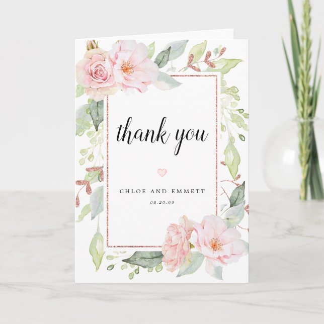 Blush Pink Roses Floral Wedding Thank You Card (Front)