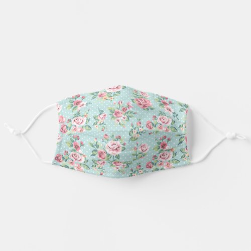 Blush Pink Roses Floral White Polkadots Light Blue Adult Cloth Face Mask