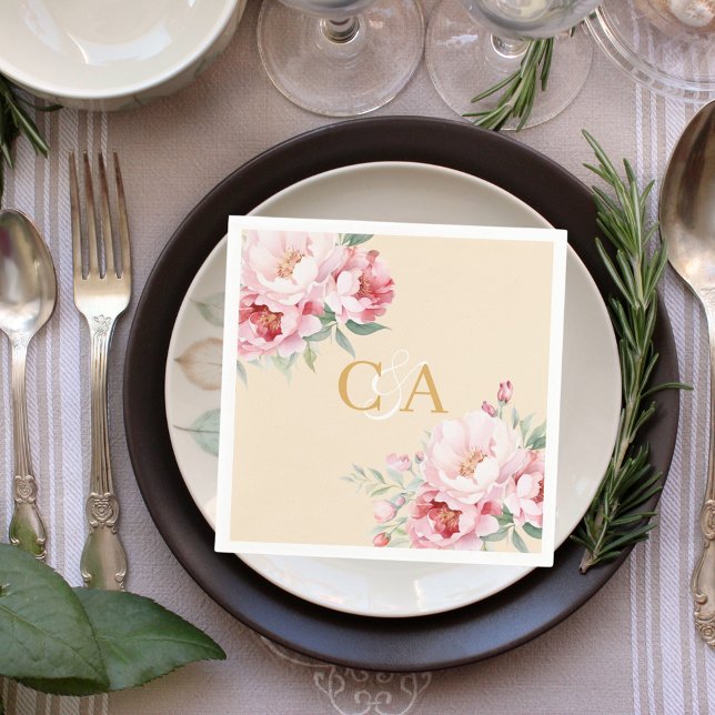 Blush pink roses florals beige monogram wedding napkins (Creator Uploaded)
