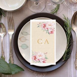 Blush pink roses florals beige monogram wedding paper guest towels