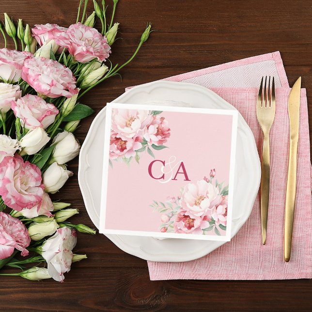 Blush pink roses florals monogram wedding napkins (Creator Uploaded)